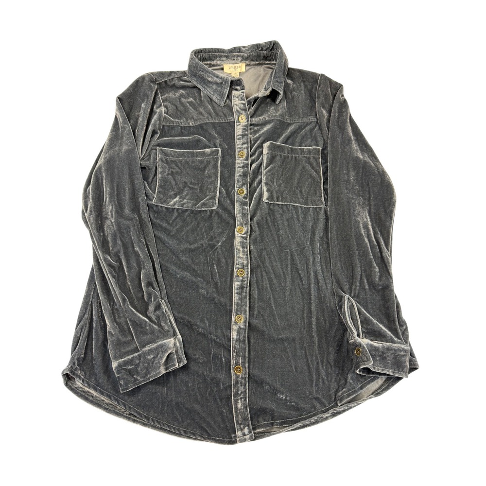 NWT Umgee USA Women's Size Small Velvet Button Down Shirt Slate Blue Gray Velour